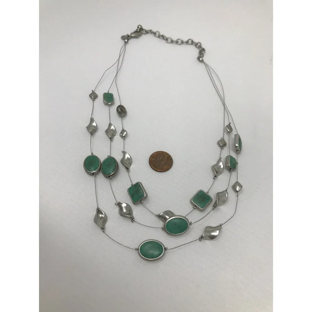 CHICO'S Necklace Greenish Blue Teal Multi Strand Floating Silver Tone